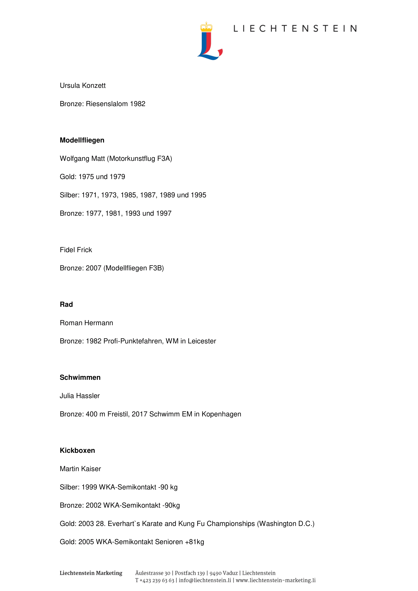 Offizielle Liste der Weltmeister Liechtensteins 2